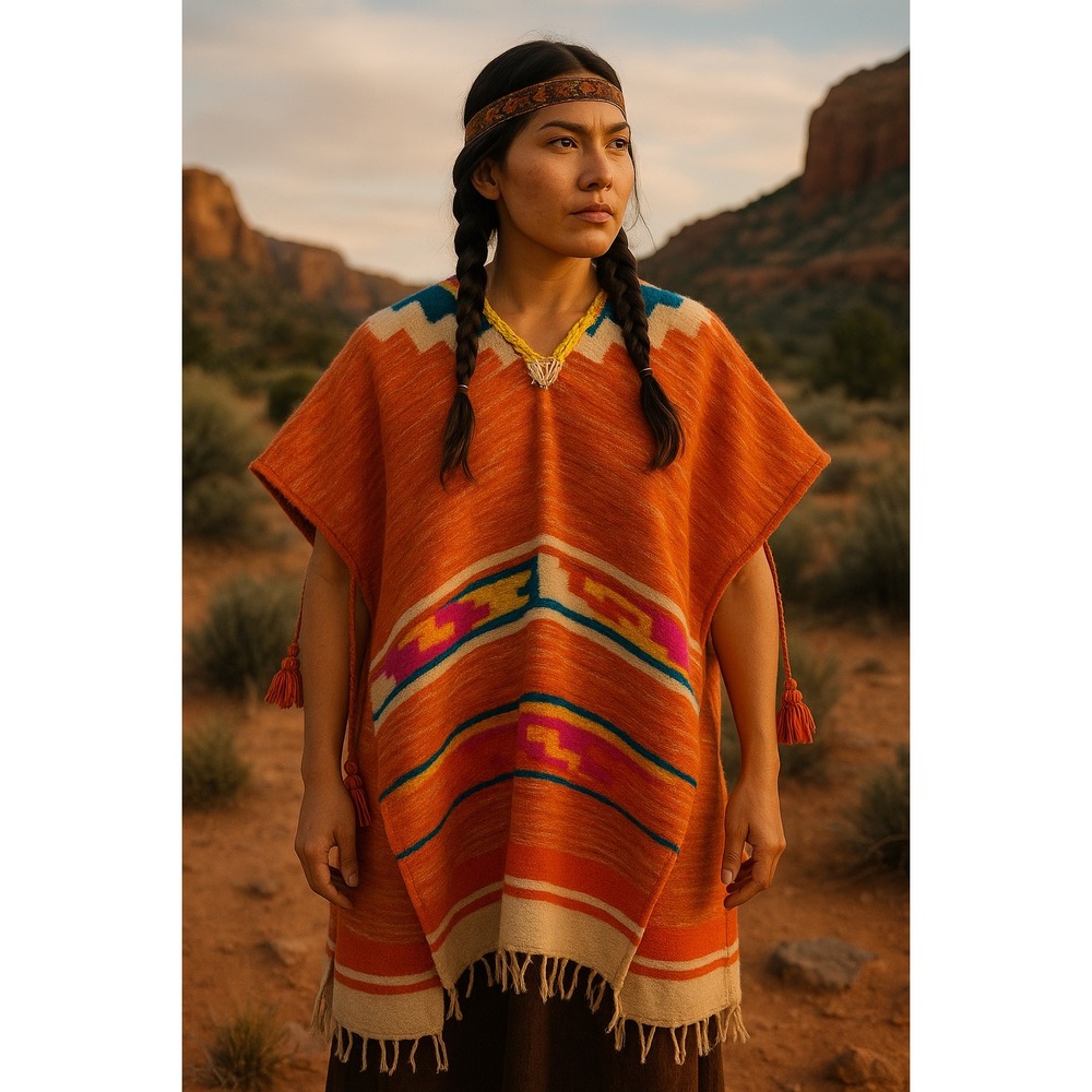 Vintage Wool Vibrant Orange Southwest Patterned Poncho Tassel Trim‎ Aztec